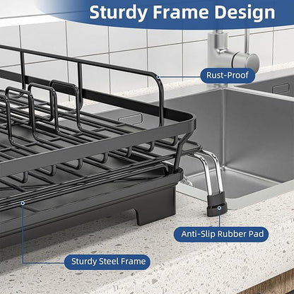 Extendable Dish Racks 16.3"-21.6" L x 16.7" W,Stainless Steel Dish Drying Rack for Kitchien Counter, Anti-Rust Dish Strainer with Cutlery Holde