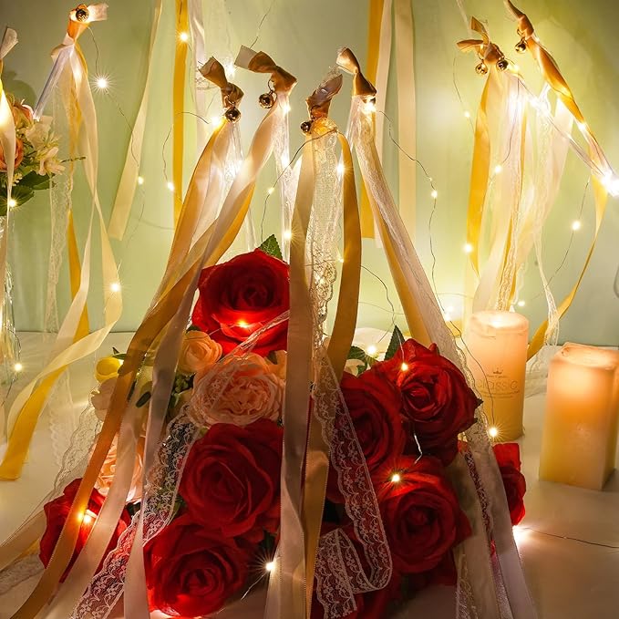 Unittype Wedding Wands Ribbon Streamers with Bells LED Fairy Light up Silk Fairy Wand Glow in the Dark Flashing Lace Stick for Wedding Birthday Party Favors (Champagne & Warm White LED,48 Pieces)