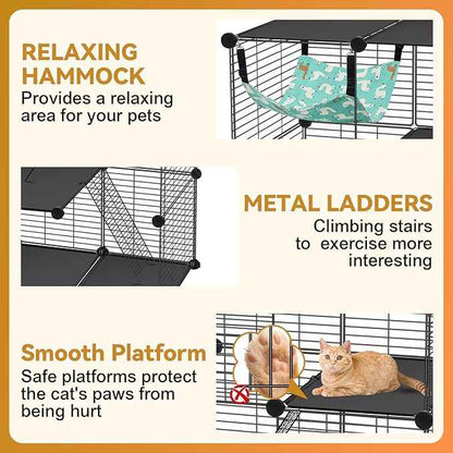 Cat Cage, 3-Tier DIY Catio Cat Enclosures, 24" x 16" x 36" Cat Playpen Indoor & Outdoor with Hammock, Detachable Metal Wire Kennel Cats Crate, 2x1x3 Exercise Place for 1-2 Kitten