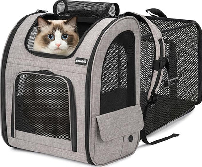 Pecute Cat Backpack Carrier XL, ExpandablePet Backpack for Cats & Small Dogs Up to 15lbs, with 4-Side Breathable Mesh, Multi-Entry & Lockable Zippers for Travel, Hiking, Camping - Hands Free, Khaki