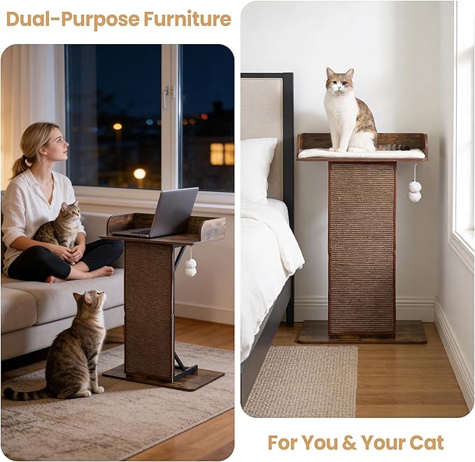 Modern Wood Cat Tree Tower for Indoor Large Cats, 33.8-Inch Tall Wooden Cat Trees with Big Perch Bed, Cat Scratching Pads, Washable Removable Cushions and Scratching Mat, Cat Furniture, Rustic Brown