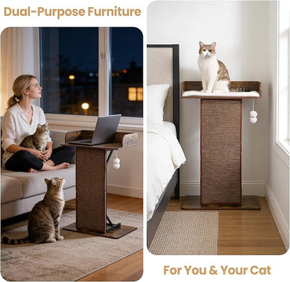 Modern Wood Cat Tree Tower for Indoor Large Cats, 33.8-Inch Tall Wooden Cat Trees with Big Perch Bed, Cat Scratching Pads, Washable Removable Cushions and Scratching Mat, Cat Furniture, Rustic Brown
