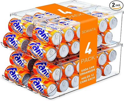 4 Pack Soda Can Organizer for Refrigerator, Stackable Canned Food Pop Cans Container Can Holder Dispenser with Lid for Fridge Rack Freezer, Clear Storage Bins-Holds 12 Cans Each (Transparent)