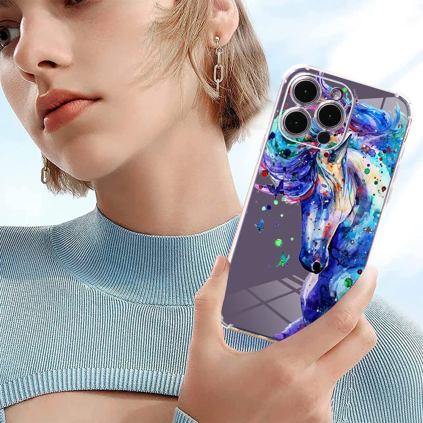 Roemary Purple Case For Iphone 12 With Blue Horse Design,Watercolor Pattern With Screen Protector [Buffertech 6.6 Ft Drop Impact