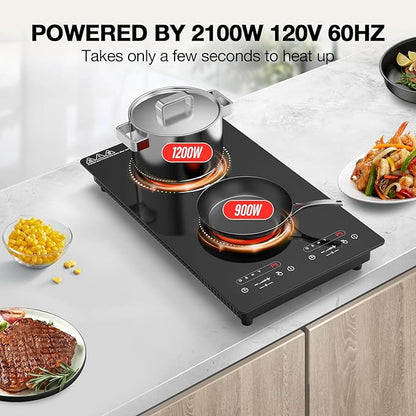 VBGK Electric Cooktop,110V 2100W 2 Burner Electric Cooktop,Countertop and Built-in Stove top with 9 Power Levels,Child Safety Lock, Timer, LED touch control,Overheat Protection