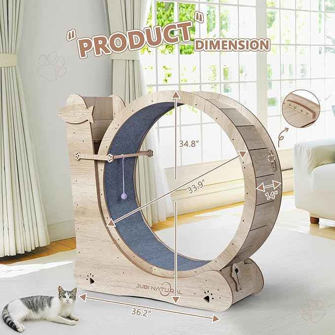 Cat Exercise Wheel, 35.9" Cat Running Wheels for Indoor Cats with with Locking Mechanism, Cats Treadmill Wheels with Scratching Board and Teaser Toy, Cat's Weight Loss and Health