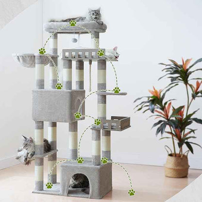 Maine Coon Cat Tree, Heavy Duty Cat Tree for Indoor Cats Large Adult, Cat Tower for Large Cats 20 lbs+ with Hammock, 2 Big Perches, 2 Cat Condos, 15 Scratching Posts, Light Gray GCT033W
