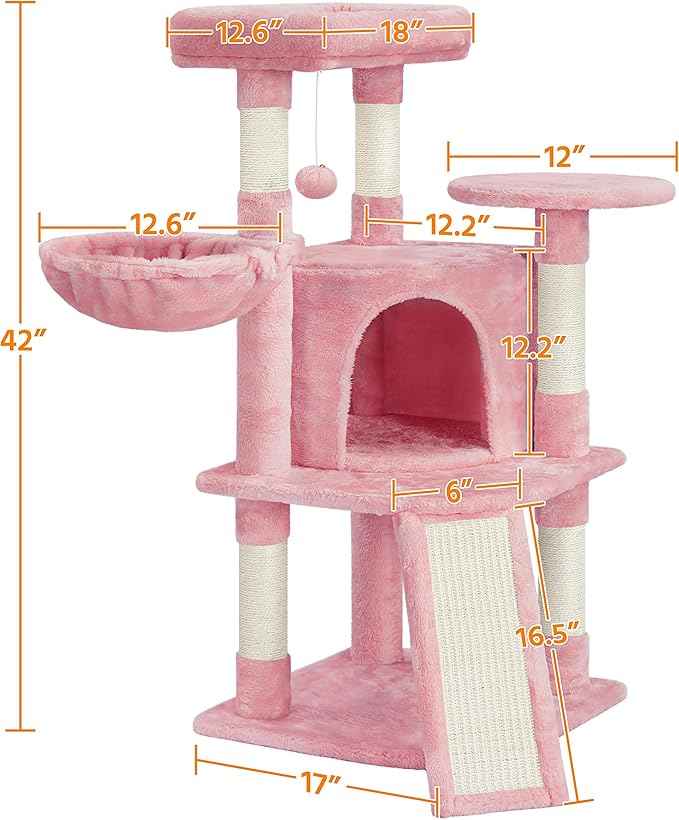 Topeakmart 42in Cat Tree Tower for Indoor Cats, Cat Condo with Perch & Hammock, Activity Center, Multi-Level Cat Furniture with Scratching Posts, Cat House, Pink