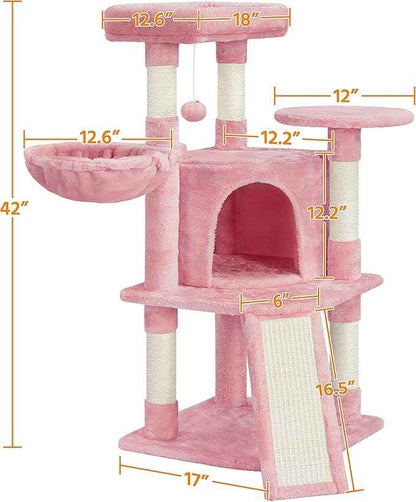 Topeakmart 42in Cat Tree Tower for Indoor Cats, Cat Condo with Perch & Hammock, Activity Center, Multi-Level Cat Furniture with Scratching Posts, Cat House, Pink