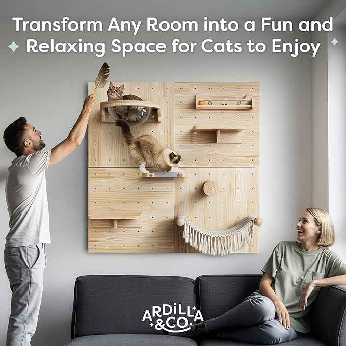 Ardilla & Co. Cat Wall Furniture – Wall-Mounted Modular Wooden Boards with 7 Moveable Accessories, Cat Wall Shelves, Hammock, Climber Steps, Perches, Walkways, Toy & Acrylic Bowl!