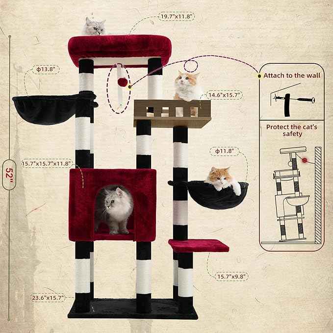 Cat Tree for Indoor Cats Large Adult, Heavy Duty Cat Tree for Large Cats 20 lbs+, Cat Condo with Big Wooden Perch, Cat Tower with 14 Scratching Posts, Hammock, Black GCT023BR