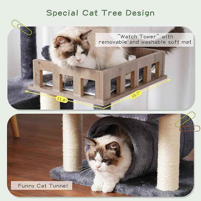 Cat Tree with Tunnel, Cat Tower for Indoor Cats, Tall Cat Tree Tower with Cat Condo, Food Station, Large Platform, Scratching Posts, Hammock, Smoky Gray GCT021G