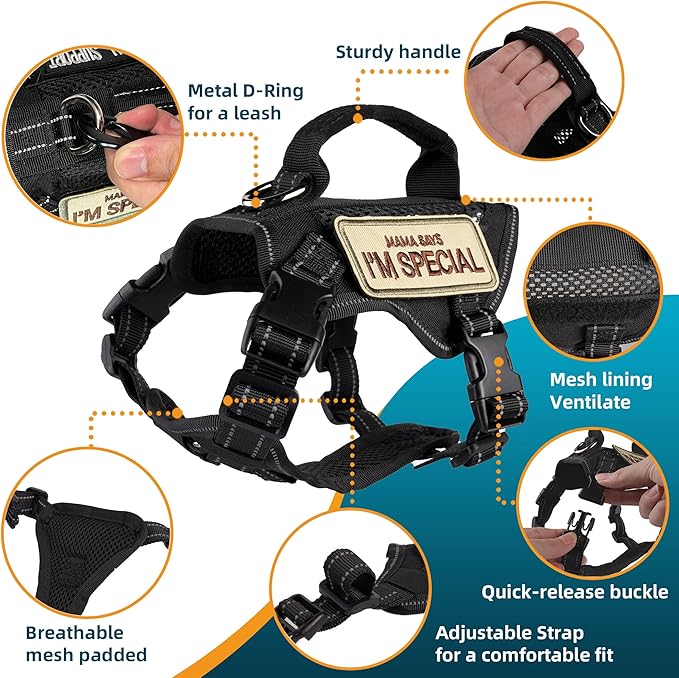 Tactical Cat Harness Black for Walking Esacpe Proof,Adjustable Soft Mesh Large Cat Vest with Rubber Handle Easy to Control,Molle Patches XL