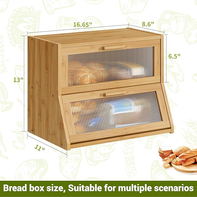 BMOSU Large Bread Box Double Layer Bamboo Bread Box for Kitchen Counter Container Farmhouse Bread Holder Capacity Bread Storage Bin(Natural)
