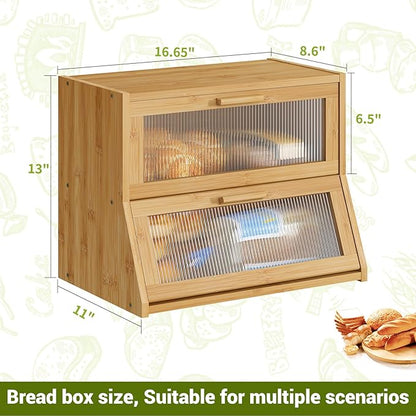 BMOSU Large Bread Box Double Layer Bamboo Bread Box for Kitchen Counter Container Farmhouse Bread Holder Capacity Bread Storage Bin(Natural)