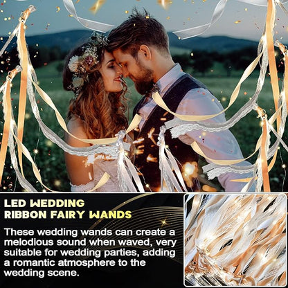 Unittype Wedding Wands Ribbon Streamers with Bells LED Fairy Light up Silk Fairy Wand Glow in the Dark Flashing Lace Stick for Wedding Birthday Party Favors (Champagne & Warm White LED,48 Pieces)
