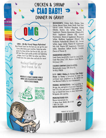 Weruva B.F.F. OMG - Best Feline Friend Oh My Gravy!, Ciao Baby! with Chicken & Shrimp in Gravy Cat Food, 2.8oz Pouch (Pack of 12)