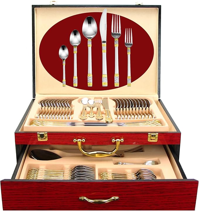 75-Pc Luxury Flatware Set for 12 w/Storage Case 24K Gold Premium Dining Cutlery Service - 18/10 Surgical Stainless Steel Silverware Hostess Serving Set in a Chest