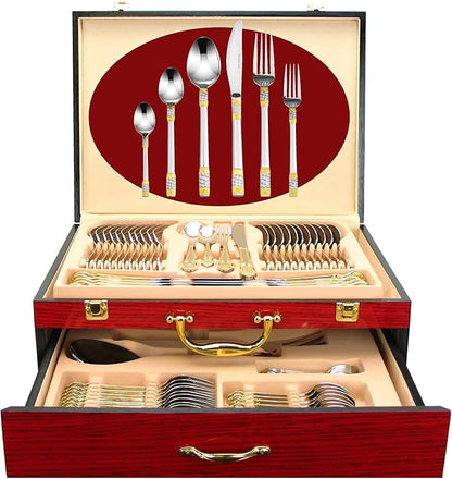 75-Pc Luxury Flatware Set for 12 w/Storage Case 24K Gold Premium Dining Cutlery Service - 18/10 Surgical Stainless Steel Silverware Hostess Serving Set in a Chest