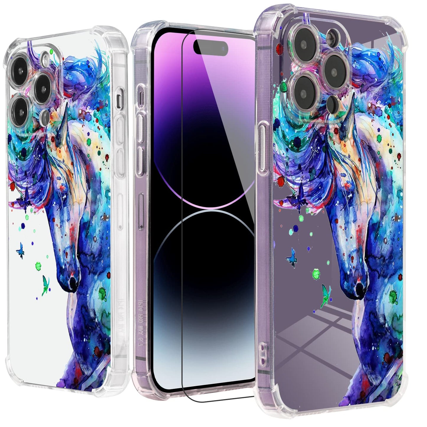 Roemary Purple Case For Iphone 12 With Blue Horse Design,Watercolor Pattern With Screen Protector [Buffertech 6.6 Ft Drop Impact
