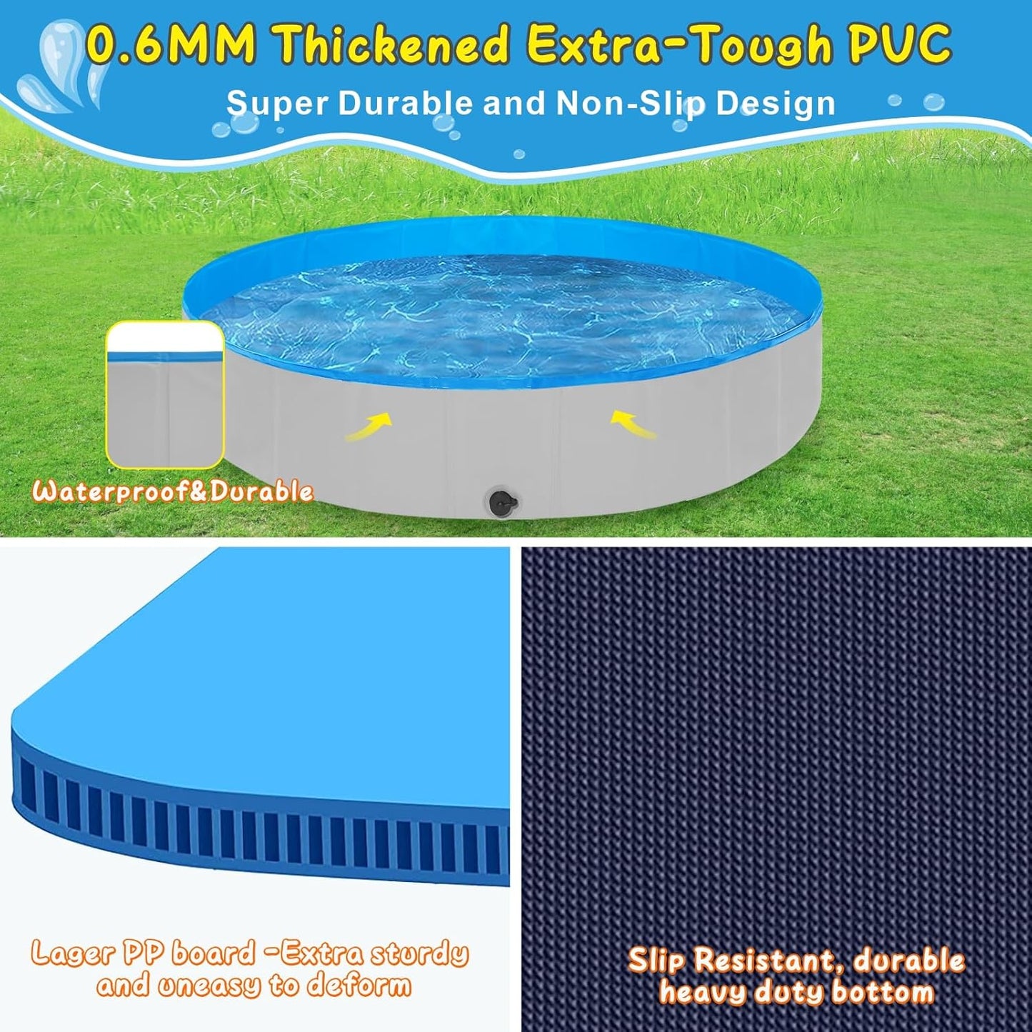 Foldable Dog Pool, 63" Kiddie Pool Hard Plastic, Portable Dog Swimming Pool for Large Dogs, Collapsible Pet Wading Pool & Bath Tub Outdoor Kids Pool Anti-Slip