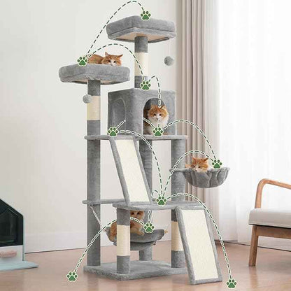 Multi-Level Cat Tree for Indoor Cats, Cat Tower with 2 Scratching Boards, 2 Plush Padding Platforms, Cat Condo House with Hammock, Basket, Light Gray GCT022W