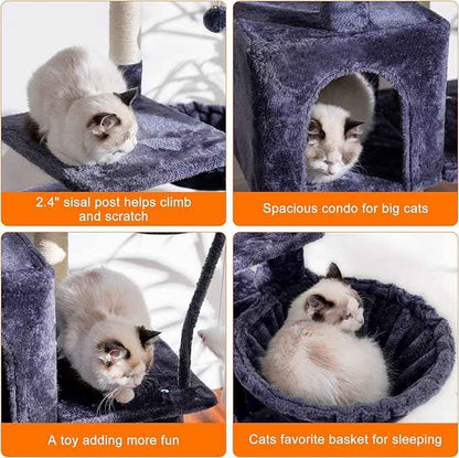 Heybly Cat Tree with Toy, Cat Tower Condo for Indoor Cats, Cat House with Padded Plush Perch, Cozy Hammock and Sisal Scratching Posts, Smoky Gray HCT004G