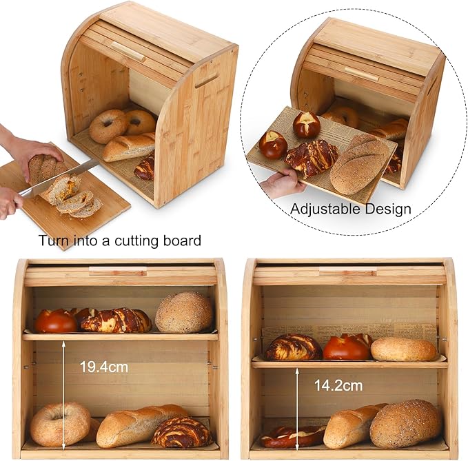 G.a HOMEFAVOR Bread Box, 2 Layer Bamboo Bread Boxes for Kitchen Food Storage, Large Capacity Bread Keeper Roll Top with Removable Layer, 15" x 9.8" x 14.2", 15 mm Thickness (Self-assembly)