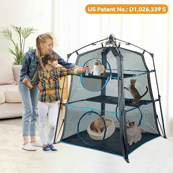 Cat Enclosure Kitten and Cat Tower Tent for Indoor and Outdoor,3 Tier Cat Cage Inside, X-Large Outdoor Catio,Portable and Foldable,Two Doors Design can Assemble More Shapes (Patented)