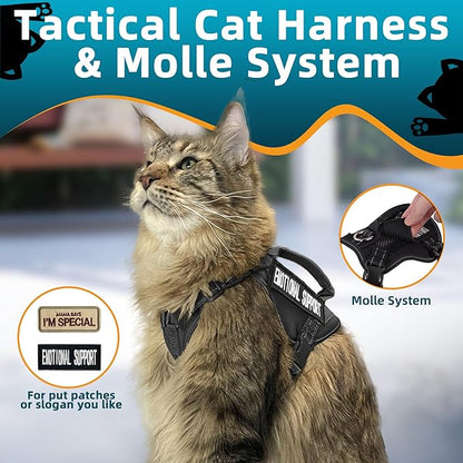 Tactical Cat Harness Black for Walking Esacpe Proof,Adjustable Soft Mesh Large Cat Vest with Rubber Handle Easy to Control,Molle Patches XL