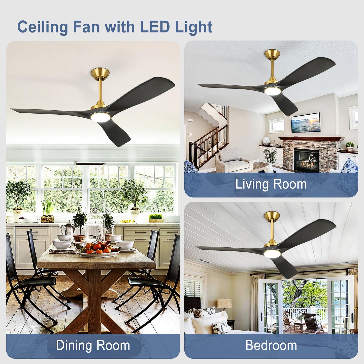 Bvenubiglite Modern Ceiling Fan With Light: Black And Gold Ceiling Fans With Remote And Smart App Control 3 Blades - 52 Inch Cei