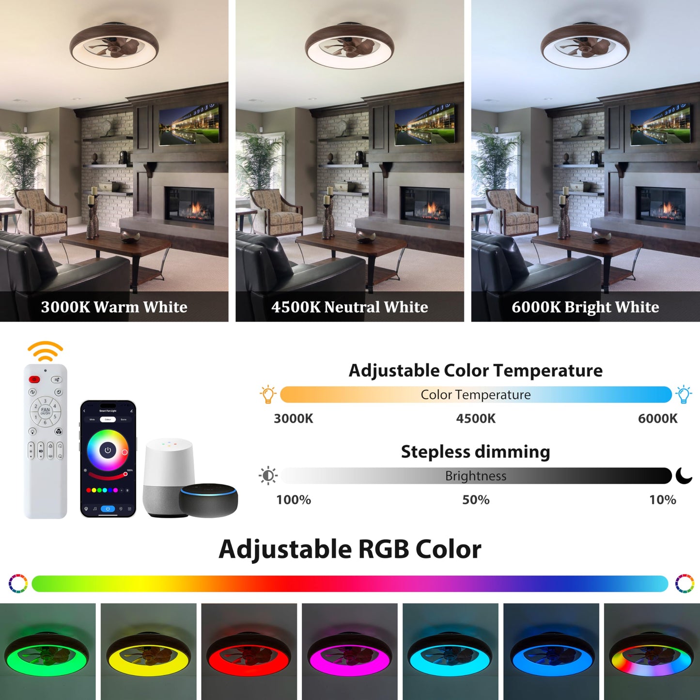Low Profile Ceiling Fans With Lights, Dimmable Smart Rgb Ceiling Fan With Alexa/Google Assistant/App/Remote Control, 6-Speeds Re
