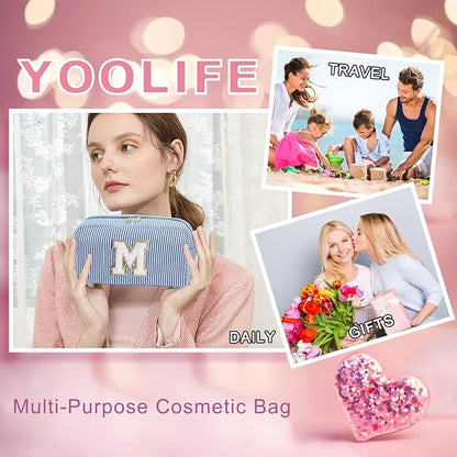 YOOLIFE Makeup Bag - Initial Makeup Bag Cosmetic Bag, Monogram Makeup Bags, Cosmetic Bag, Make Up Bag, Travel Toiletry Bag, Cute Makeup Pouch Makeup Case, Personalized Green Makeup Bags for Women L