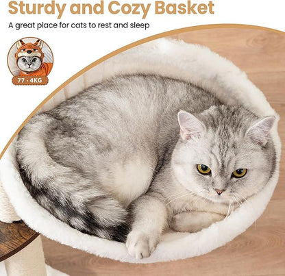 Modern Wood Cat Tree Tower for Indoor Large Cats, Cat Scratching Posts with Big Perch Bed, 44.8" Tall Multi-Level Wooden Cat Condo with Hammock, Removable Pads, Kitty Furniture, Rustic Brown