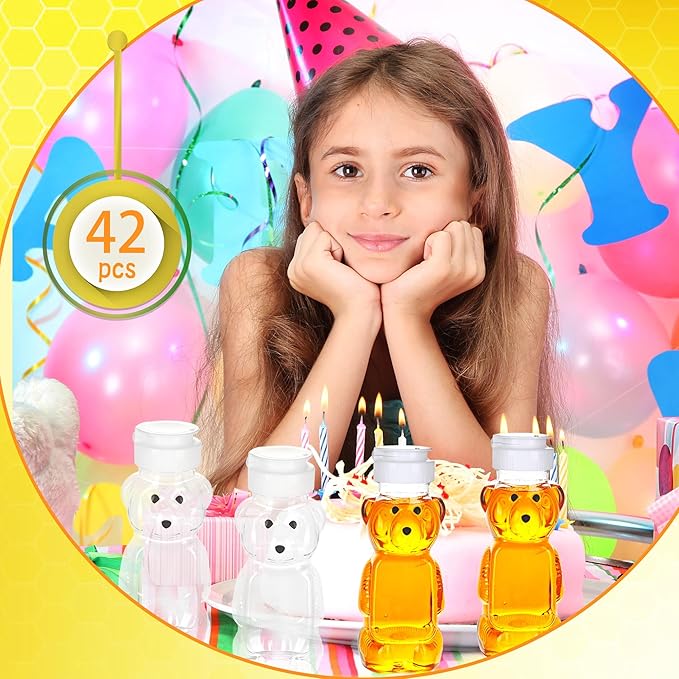 42 Pcs 8 oz Plastic Honey Bear Bottle Clear Honey Squeeze Bottles Empty Dispenser Container with Flip Lid for Storing Dispensing Holiday Wedding Gifts, 2 Colors (Color Set 2)
