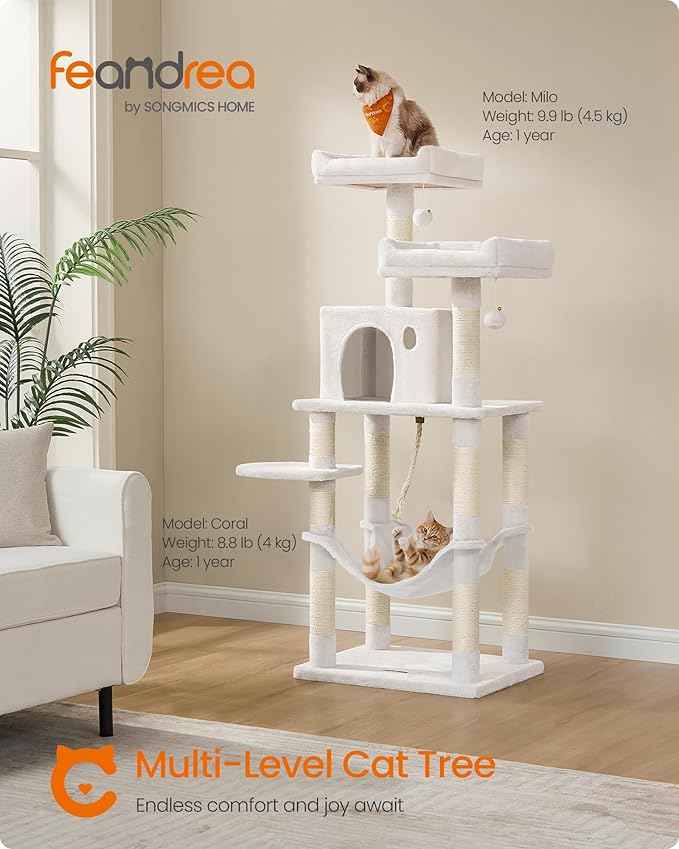 Feandrea Cat Tree, 56.3-Inch Cat Tower, Multi-Level Plush Condo with 11 Scratching Posts, 2 Perches, Hammock, Cave, Cream White UPCT015W02