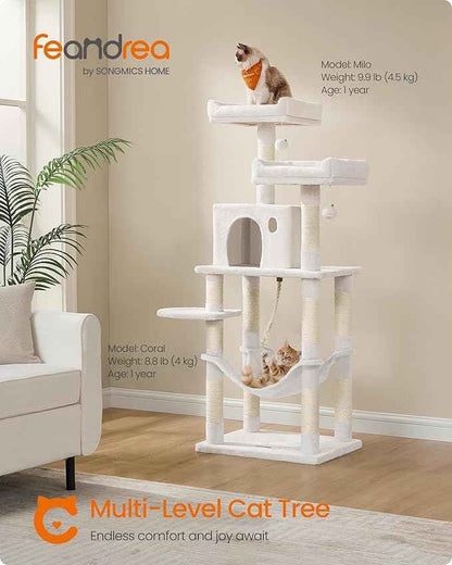 Feandrea Cat Tree, 56.3-Inch Cat Tower, Multi-Level Plush Condo with 11 Scratching Posts, 2 Perches, Hammock, Cave, Cream White UPCT015W02