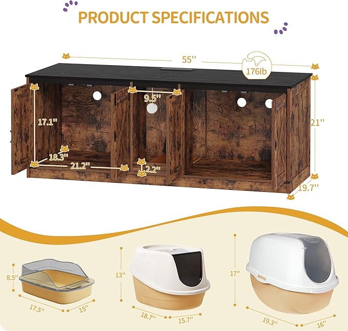 55" L Cat Litter Box Enclosure for 2 Cats, Double Hidden Litter Box Furniture with Scratch Pad, Wooden Cat Cabinet with USB Ports & Power Outlets, Farmhouse TV Stand, Rustic Brown CB82501X