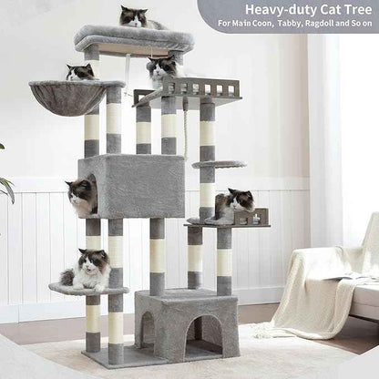 Maine Coon Cat Tree, Heavy Duty Cat Tree for Indoor Cats Large Adult, Cat Tower for Large Cats 20 lbs+ with Hammock, 2 Big Perches, 2 Cat Condos, 15 Scratching Posts, Light Gray GCT033W