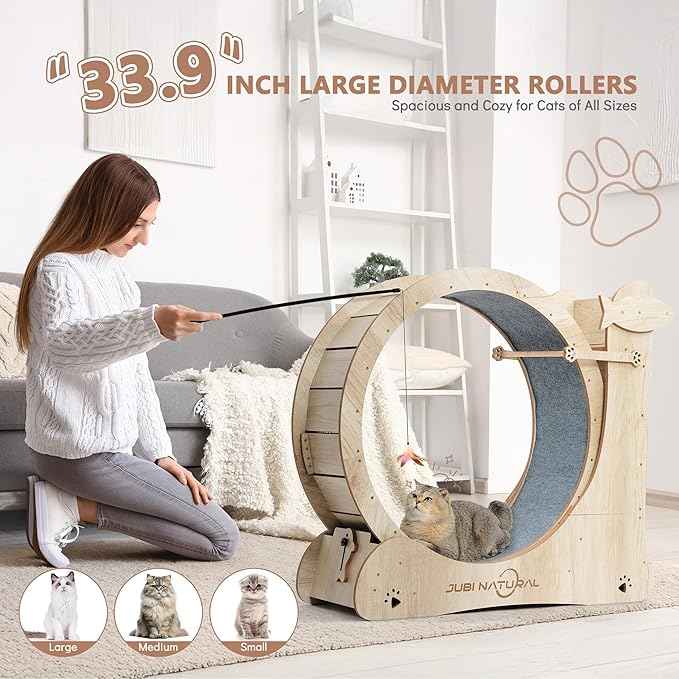 Cat Exercise Wheel, 35.9" Cat Running Wheels for Indoor Cats with with Locking Mechanism, Cats Treadmill Wheels with Scratching Board and Teaser Toy, Cat's Weight Loss and Health