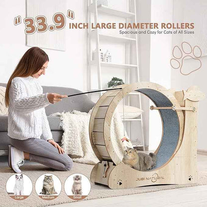 Cat Exercise Wheel, 35.9" Cat Running Wheels for Indoor Cats with with Locking Mechanism, Cats Treadmill Wheels with Scratching Board and Teaser Toy, Cat's Weight Loss and Health