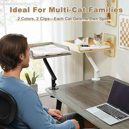 PAWZ Road Cat Desk Bed, Wooden Cat Bed for Desk Supports Up to 50 lbs, 360° Rotation & Adjustable, Nest Desktop Attachment Cats Hammock for Table, Gray