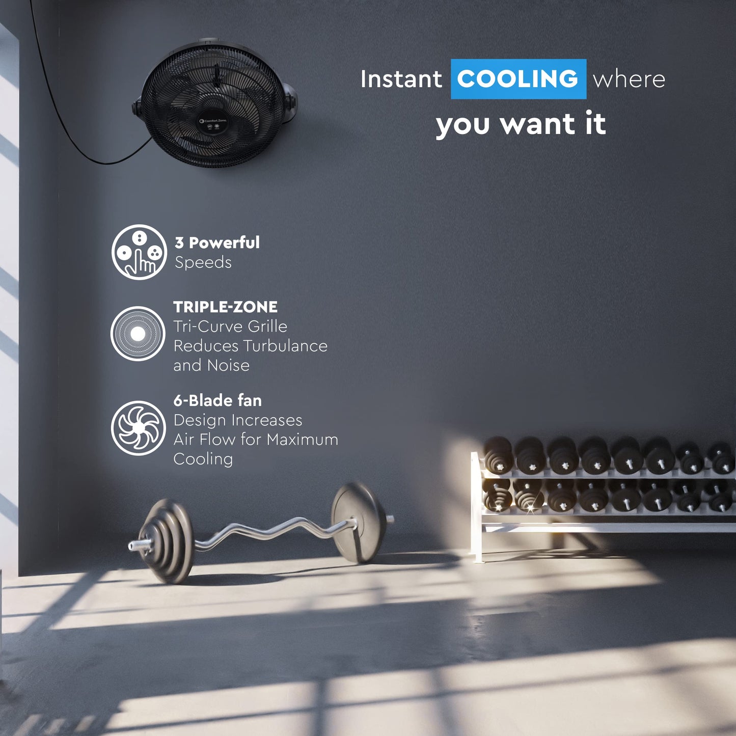 Comfort Zone Powrcurve High Velocity Floor Fan With Wall-Mounting Capabilities, 20 Inch, 3 Speed, 180 Degree Adjustable Tilt, Id