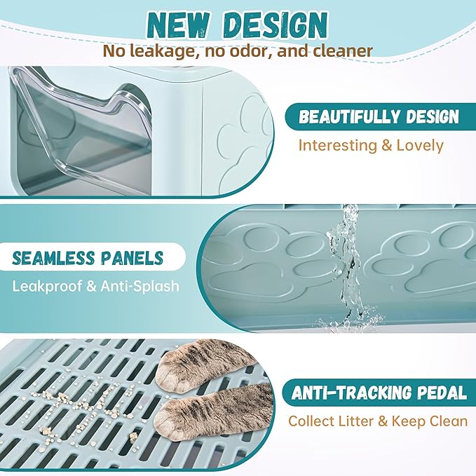 Enclosed Cat Litter Box with Lid Foldable Potty,Drawer Type Extra Large Cover Litter Box with Mat, Kitty Free in and Out/One-Way,Odor Control Anti-Splashing Easy Cleaning (Light Blue)