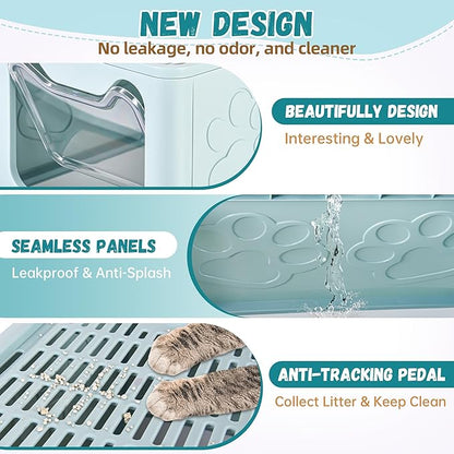 Enclosed Cat Litter Box with Lid Foldable Potty,Drawer Type Extra Large Cover Litter Box with Mat, Kitty Free in and Out/One-Way,Odor Control Anti-Splashing Easy Cleaning (Light Blue)