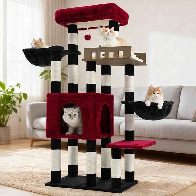 Cat Tree for Indoor Cats Large Adult, Heavy Duty Cat Tree for Large Cats 20 lbs+, Cat Condo with Big Wooden Perch, Cat Tower with 14 Scratching Posts, Hammock, Black GCT023BR