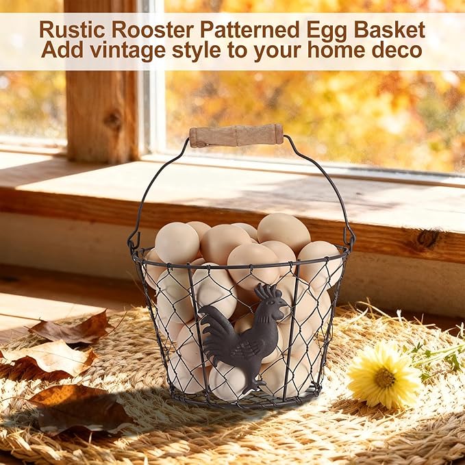 3 PCS 8’’ Farmhouse Egg Collecting Basket with Wood Handle, Rustic Metal Wire Chicken Eggs Holder Basket for Countertop Kitchen, Wire Egg Basket Vintage Style, Round, Rooster Pattern
