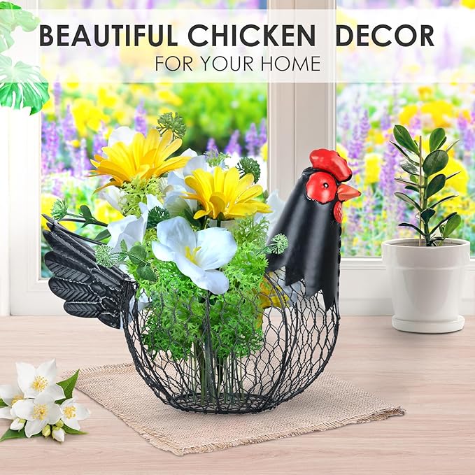 Chicken Egg Basket, Egg Collecting Baskets,Metal Wire Egg Basket with Handle, Farmhouse Chicken Decor, Rustic Black Rooster Chicken Shaped Fruit Bowl Countertop Holder for Home Kitchen Decoration