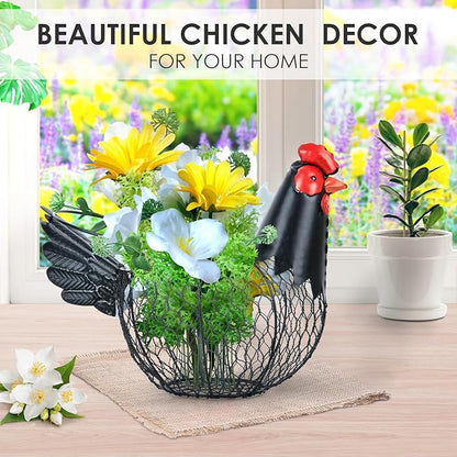 Chicken Egg Basket, Egg Collecting Baskets,Metal Wire Egg Basket with Handle, Farmhouse Chicken Decor, Rustic Black Rooster Chicken Shaped Fruit Bowl Countertop Holder for Home Kitchen Decoration