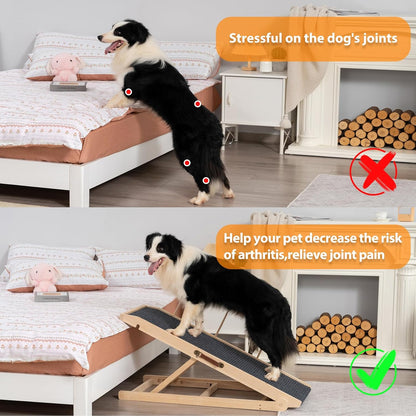 Dog Ramp for Bed Couch - Pet Steps Stairs to Get on Bed Couch 15.7"-23.6" High for Small or Large Dog Up to 200 lbs, Adjustable Wooden Dog Ramp Steps Foldable Portable, Anti-Slip Carpet (Brown)